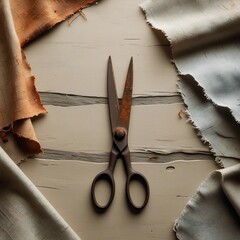 Vintage Scissors and Fabric Pieces A Crafty Still Life Composition