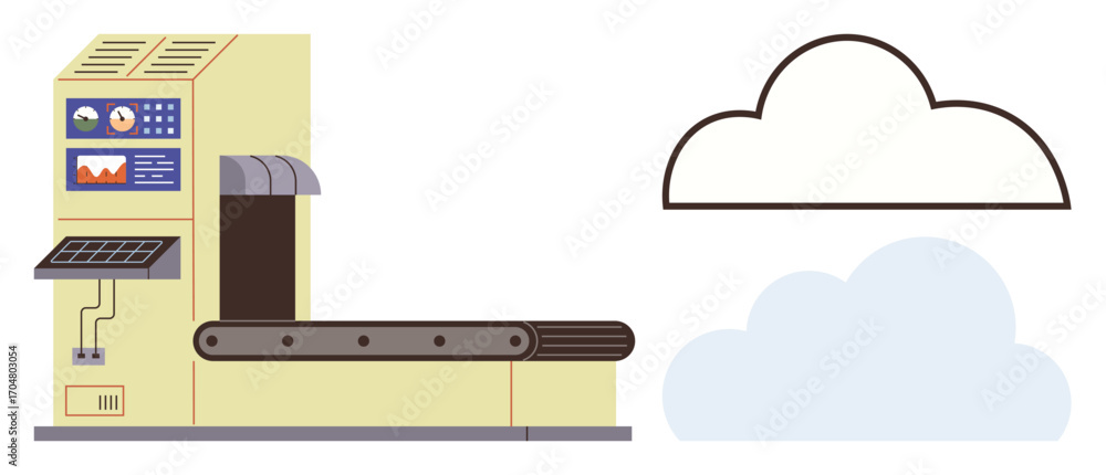 Aufkleber automated machine with conveyor belt, control screen displaying data, generating a stylized cloud. i