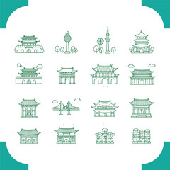 Collection of Korean Traditional Buildings and Landmarks Line Art Icons.