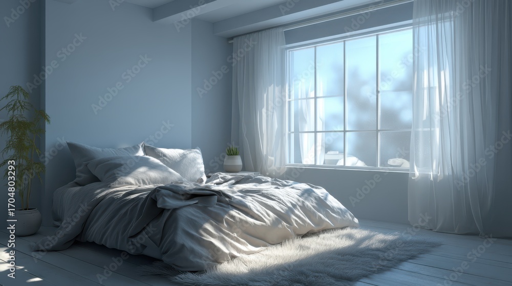 Poster a serene bedroom featuring soft bedding, a large window with sheer curtains, and a touch of greenery