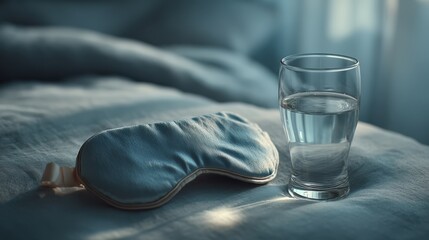 A tranquil scene featuring a sleep mask and a glass of water on a soft bed, suggesting relaxation and preparation for a restful night.