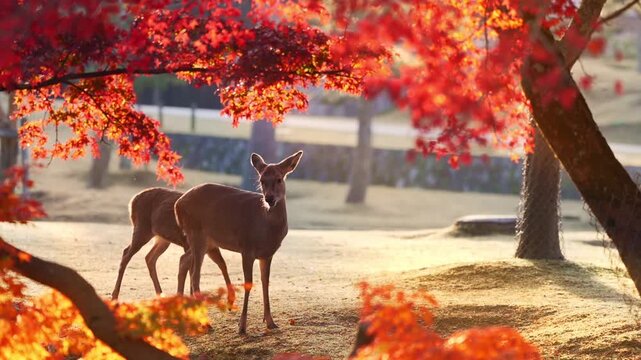 Two Deer Amidst Autumn Foliage