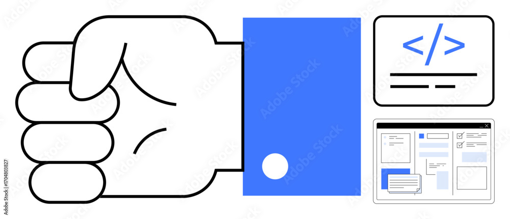 Poster hand gesture signifying cooperation, coding interface, and webpage elements. ideal for teamwork, pro