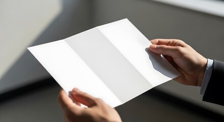 Obraz premium Unveiling Blank Tri-fold Brochure in Executive's Hands Indoors