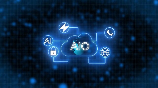 Blue Neon Cloud Network Animation with AIO, Computing Icons, Secure Data Connection, Digital Background Grid, Technology Communication and Futuristic Cyber System Design.