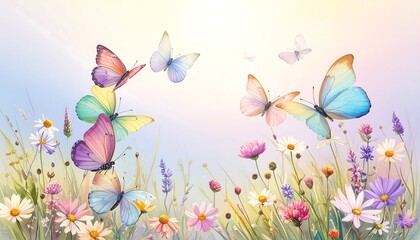 Vibrant Watercolor Butterflies Dancing in a Meadow of Flowers.