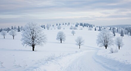 Fototapeta premium Idyllic winter landscape showcasing snow-laden trees and a winding snowy road, conveying a sense of peace and natural beauty.