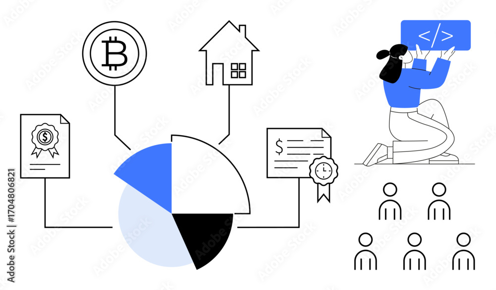 Poster Pie chart linking cryptocurrency, real estate, certifications, and coding. Developer working with coding screen. Ideal for blockchain, finance, education, skills training technology data simple