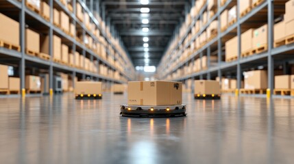 A modern automated warehouse scene showcasing robotic carts navigating through a vast storage area filled with neatly stacked cardboard boxes in a well-lit environment.