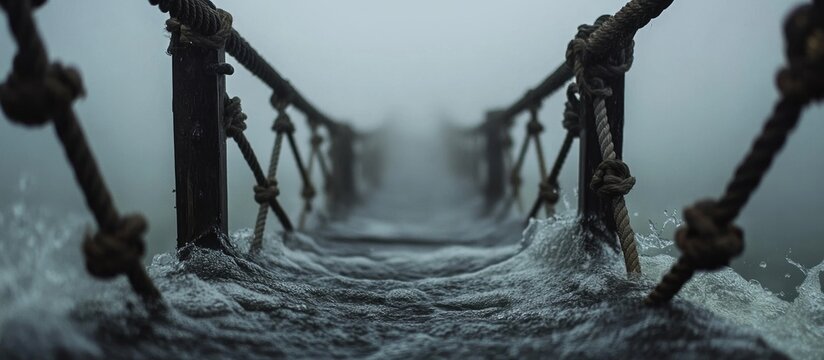Fototapeta Misty Rope Bridge Over Troubled Waters, Mysterious Journey Ahead