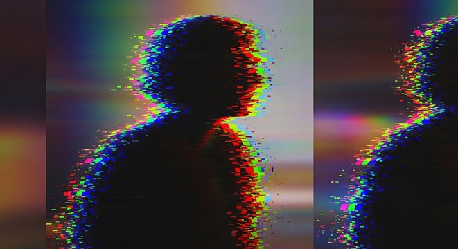 Artistic silhouette with vibrant glitch effects on a colorful background.