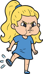 Cartoon Girl Kicking with Angry Expression and Puffed Cheeks