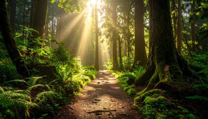 Naklejka premium Sunbeams Illuminate Forest Path Lush Greenery.