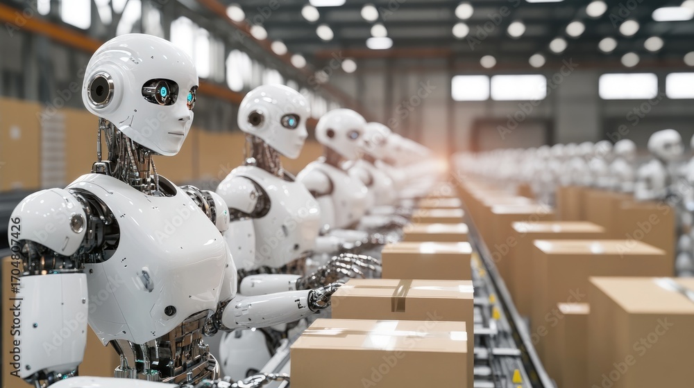 Poster a row of advanced industrial robots working efficiently in a modern warehouse, highlighting automati