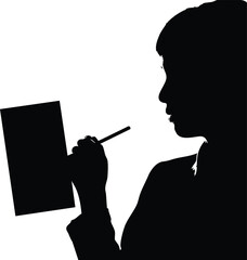 Fototapeta premium Silhouette of a person holding a notepad and pen, the figure is dark against the bright backdrop, creating a stark contrast and highlighting the act of writing