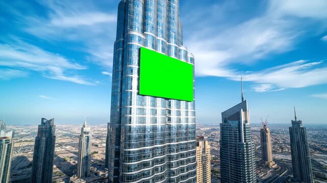 Green Screen Billboard on Modern Skyscraper in Dubai Surrounded by High Rise Buildings and Urban Cityscape Under Clear Blue Sky with Scattered Clouds Highlighting Architecture Innovation
