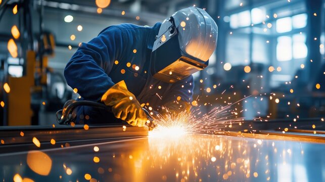 A skilled welder works meticulously on a metal piece, sparks flying in the industrial workshop. The scene showcases dedication, craftsmanship, and the dynamic nature of metalwork.