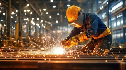 A skilled worker in a protective helmet utilizes welding tools, creating sparks in a modern industrial setting