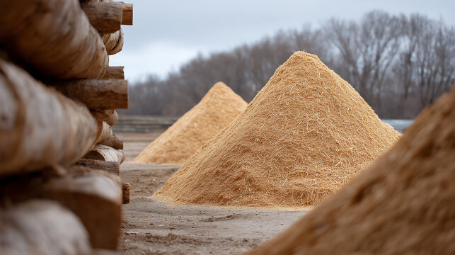 A pile of light-colored wood shavings or sawdust stands outdoors near a log structure, highlighting the themes of lumber, wood processing, and raw materials.