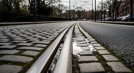 Curving tram tracks on a wet cobblestone street in an urban environment.
