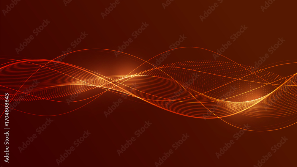 Poster abstract digital wave with flowing lines and glowing particles.