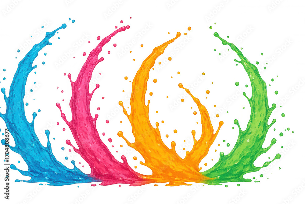 Poster vibrant paint splashes arching dynamically across transparent backdrop, embodying creative energy an