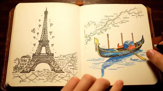 Travel journal notebook with hand drawn sketches of Eiffel Tower, gondola, maps, and landmarks, showcasing creativity, wanderlust, and artistic details for inspiring adventures