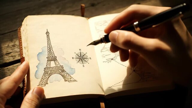 Hand Sketching Eiffel Tower and Compass Rose in Travel Journal Illuminated by Sunlight, Evoking Creativity, Adventure, and Wanderlust on Rustic Wooden Table