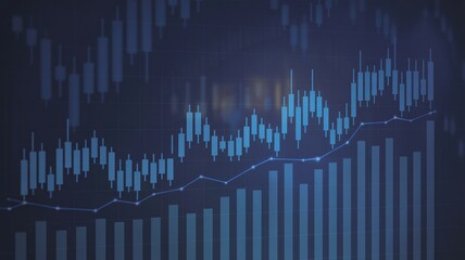 Blue financial stock market candlestick chart with rising trend line finance trading