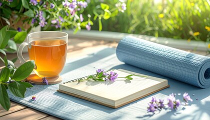 A morning routine layout featuring a gratitude journal, a cup of herbal tea, and yoga mat, designed to show happiness hacking through intentional self-care