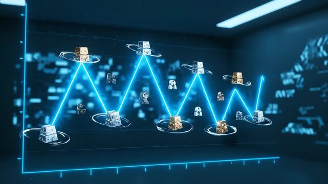 Futuristic Glowing Zigzag Chart with Metallic Cubes Showcasing Volatility and Trends in Digital Financial Environment with Holographic Innovation and Technology