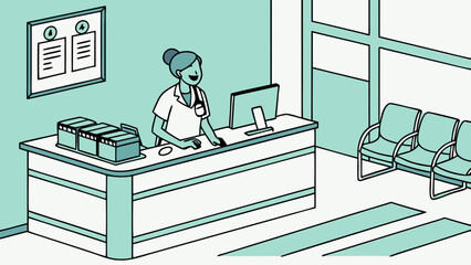 Cheerful Medical Receptionist at Hospital Desk Smiling and Working