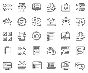 Survey, Review and Feedback related line icon set. Quiz and Questionary vector icons.