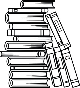 A tall stack of books in a handdrawn style, the books are piled high, some leaning against the stack, creating a charming and scholarly composition