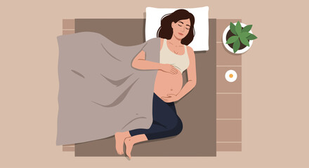 This flat design shows a pregnant woman deeply relaxed, perhaps during a guided meditation or prenatal relaxation session, emphasizing comfort and peace.