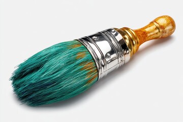 Turquoise painted bristle brush with metallic details, a tool for artistic painting or home improvement projects lies on a plain white surface