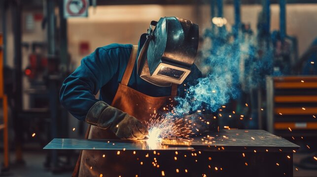 Technician in thick leather apron and filtered welding mask applying MIG weld to join two metal plates, workshop tools and safety signs blurred behind