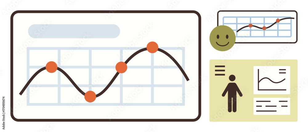 Poster graph with upward trend, grid, data points, feedback emotion, person with report. ideal for analytic