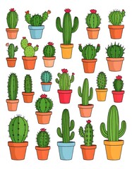Collection of cartoon cacti in pots