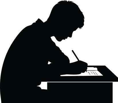 Silhouette of a student writing at a desk, the image is a vector illustration of a young man studying or taking a test in a classroom setting