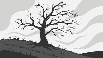 Silhouette of a Leafless Tree on a Hillside Under a Gray Sky