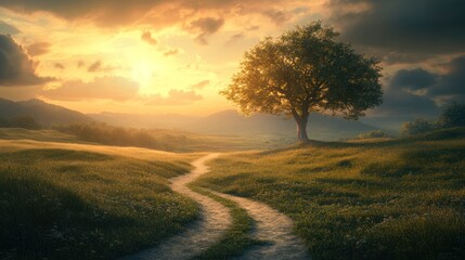 Sunset Serenity: A solitary tree graces a winding path across a tranquil meadow, mountains in the distance, bathed in golden sunlight.