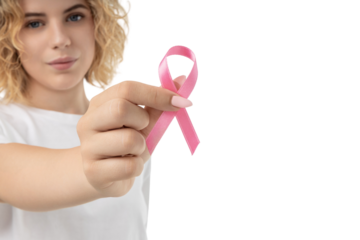 Young woman shows pink ribbon for hope, isolated on white, PNG