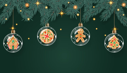 Christmas Decoration Border with Fir Branches, Glass Globe with Gingerbread House or Man and Sparkles of Lights, Stars on Green Background. Bright Christmas and New Year Design Holiday Frame. Vector 