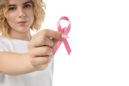Young woman shows pink ribbon for hope, isolated on white, PNG