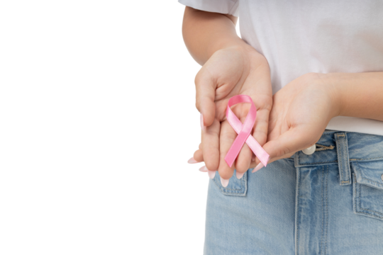 Hands show a pink ribbon of care, isolated on white, PNG
