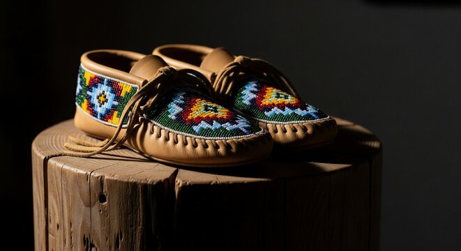 Exquisite Hand-Beaded Moccasins on Weathered Wood Stump, Bathed in Dramatic Light. - Powered by Adobe