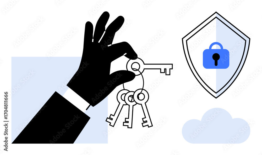 Poster hand holding several keys next to a shield with a padlock, representing cybersecurity and data prote