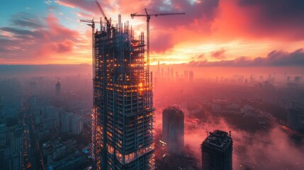 Majestic Skyscraper Under Construction at Sunset