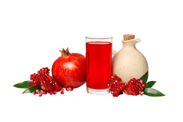 Red pomegranate juice with fruit and jar, isolated, PNG
